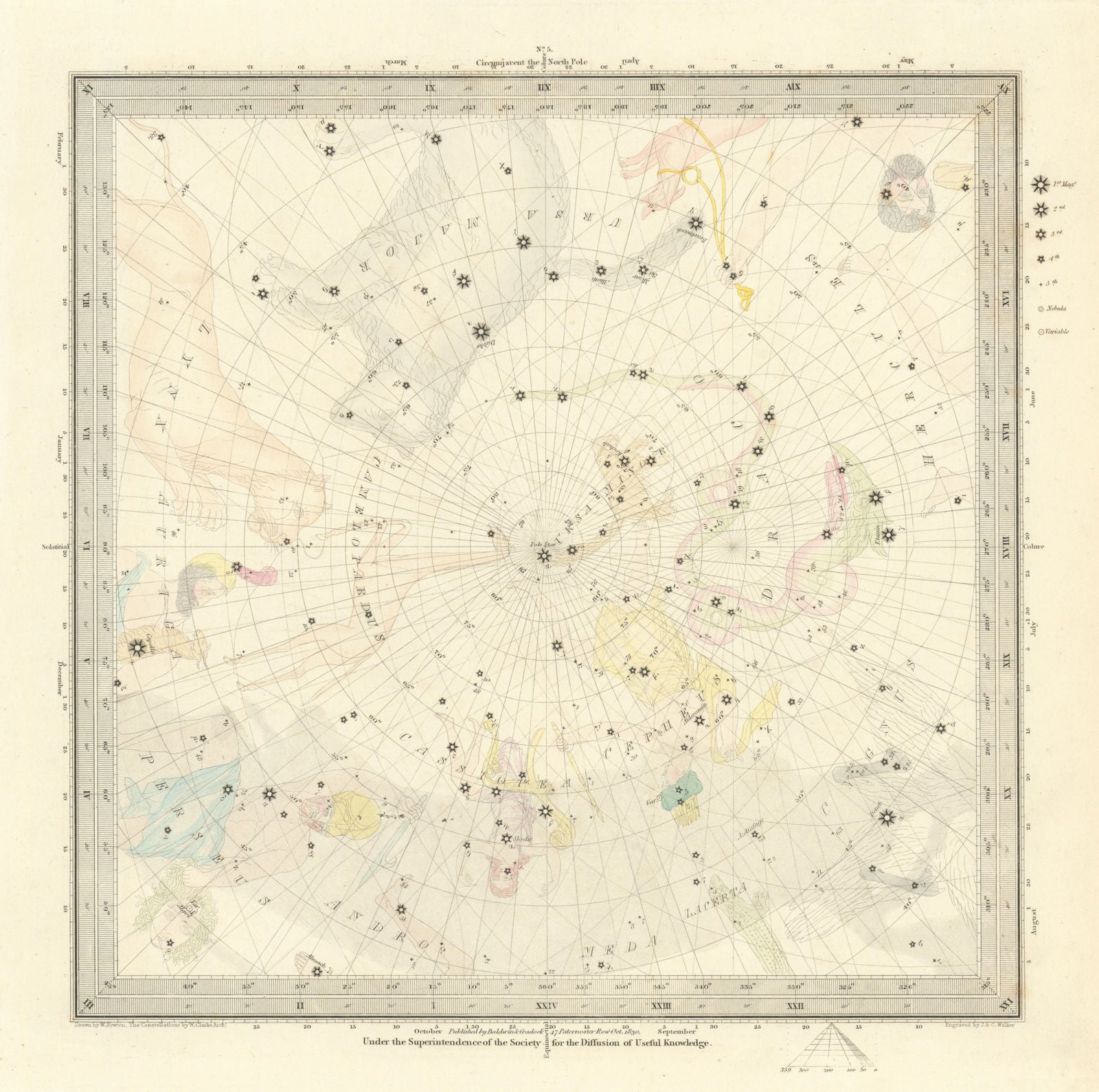 ASTRONOMY CELESTIAL. Star map. Star chart, V. North Pole. SDUK 1847 old